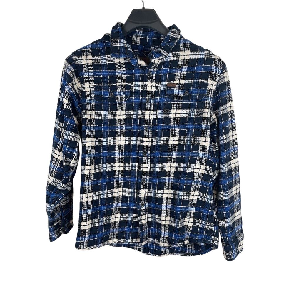 Orvis Men's Large Heavy Flannel Shirt Jacket Blue White Plaid w/Side Pockets EUC